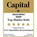Auszeichung - Top Bewertung - Höchstnote für Immobilienmakler in Bornheim, Hürth, Brühl, Köln und Wesseling - WAV Immobilien Reuschenbach - Capital Top Makler Köln - Makler-Kompass
